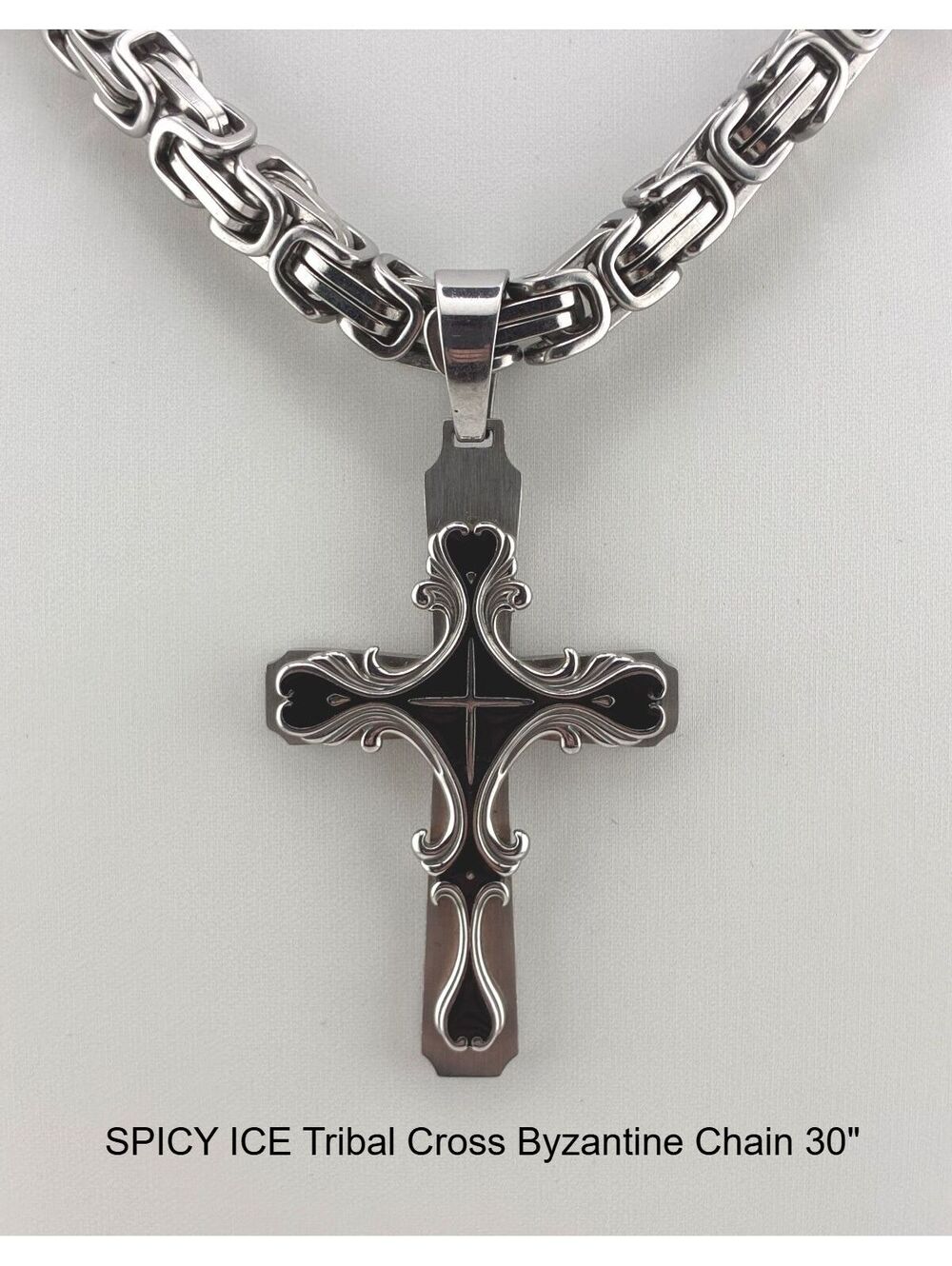 SPICY ICE Tribal Cross Byzantine Stainless Steel Chain Necklace 30"